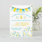 黄色とティール(緑がかった色)の爆竹、花火誕生日 招待状 (スタンド正面)