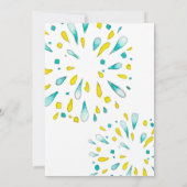 黄色とティール(緑がかった色)の爆竹、花火誕生日 招待状 (裏面)