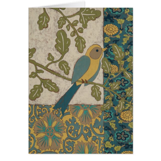 黄色とティール（緑がかった色）の青い鳥が枝に止まる (正面)