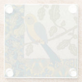 黄色とティール（緑がかった色）の青い鳥が枝に止まる ガラスコースター (裏面)