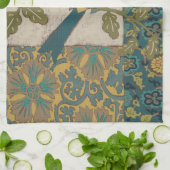 黄色とティール（緑がかった色）の青い鳥が枝に止まる キッチンタオル (折り畳み)