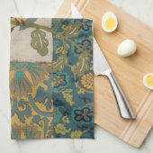 黄色とティール（緑がかった色）の青い鳥が枝に止まる キッチンタオル (四つ折り)