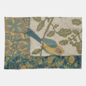 黄色とティール（緑がかった色）の青い鳥が枝に止まる キッチンタオル (横)