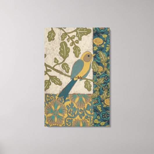 黄色とティール（緑がかった色）の青い鳥が枝に止まる キャンバスプリント (正面)