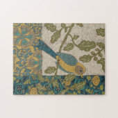 黄色とティール(緑がかった色)の青い鳥が枝に止まる ジグソーパズル (横)