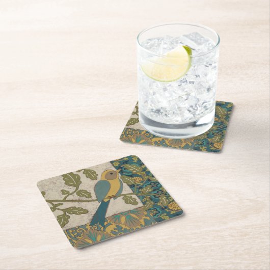 黄色とティール(緑がかった色)の青い鳥が枝に止まる スクエアペーパーコースター (インサイチュ)