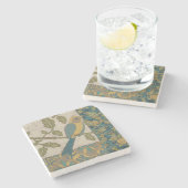 黄色とティール(緑がかった色)の青い鳥が枝に止まる ストーンコースター (横)