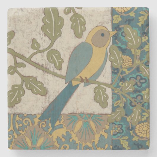 黄色とティール(緑がかった色)の青い鳥が枝に止まる ストーンコースター (正面)