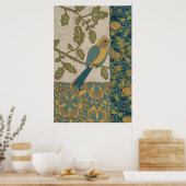 黄色とティール(緑がかった色)の青い鳥が枝に止まる ポスター (キッチン)