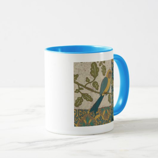 黄色とティール（緑がかった色）の青い鳥が枝に止まる マグカップ (正面右)