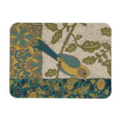 黄色とティール(緑がかった色)の青い鳥が枝に止まる マグネット (横)