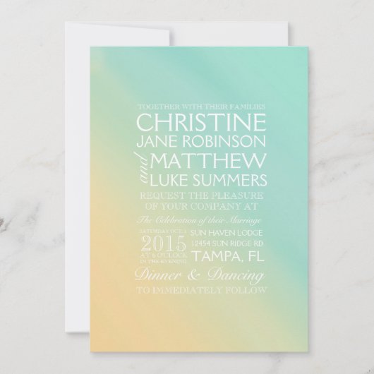 黄色とティール(緑がかった色)グラデーション結婚式招待状 招待状 (正面)