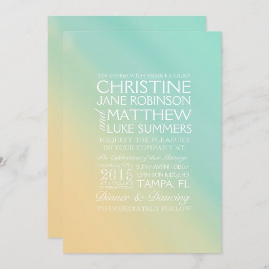 黄色とティール（緑がかった色）グラデーション結婚式招待状 招待状 (正面/裏面)