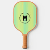 黄色とティール（緑がかった色）ストライプのパーソナライズされた ピックルボールラケット (裏面)