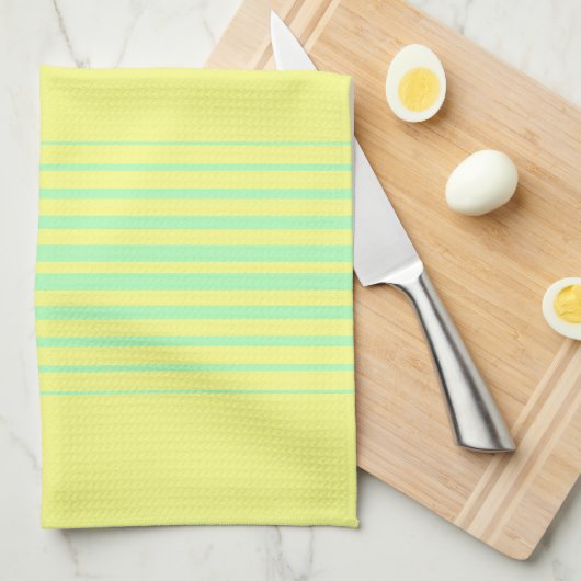 黄色とティール(緑がかった色)ストライプの キッチンタオル (四つ折り)