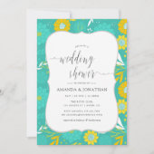 黄色とティール(緑がかった色)フローラウェディングシャワー 招待状 (正面)