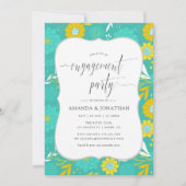 黄色とティール(緑がかった色)フローラ婚約パーティ 招待状 (正面)