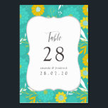 黄色とティール（緑がかった色）フローラ結婚の テーブルナンバー<br><div class="desc">黄色とターコイズ結婚をテーマにしたテーブル番号カードは、お客様のイベント仕様に迅速かつ容易に対応できるようカスタマイズに設計されている。</div>