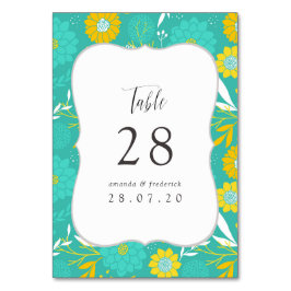 黄色とティール（緑がかった色）フローラ結婚の テーブルナンバー