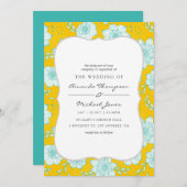 黄色とティール(緑がかった色)フローラ結婚式招待状 招待状 (正面/裏面)