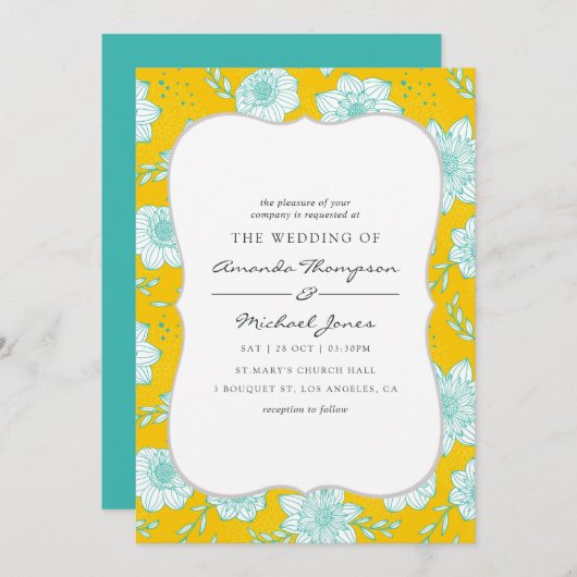 黄色とティール(緑がかった色)フローラ結婚式招待状 招待状 (正面/裏面)