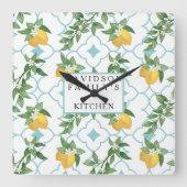 黄色とティール(緑がかった色)レモンのキッチンウォールクロック スクエア壁時計 (正面)