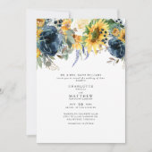 黄色とネイビーの花束 ウェディング 招待状 (正面)