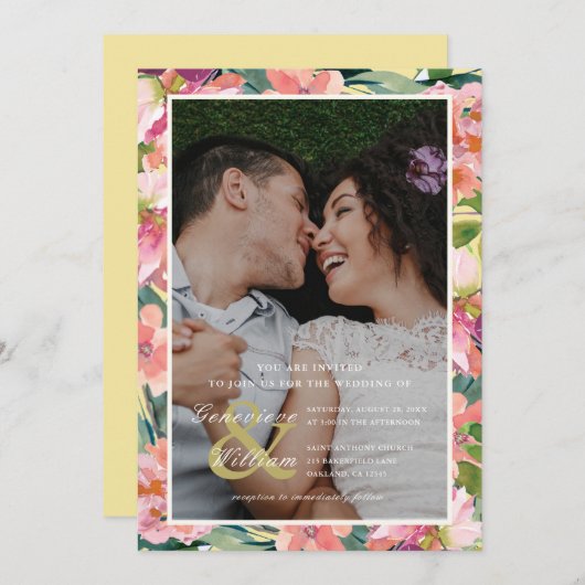 黄色とピンクと桃のフローラ写真結婚の 招待状 (正面/裏面)