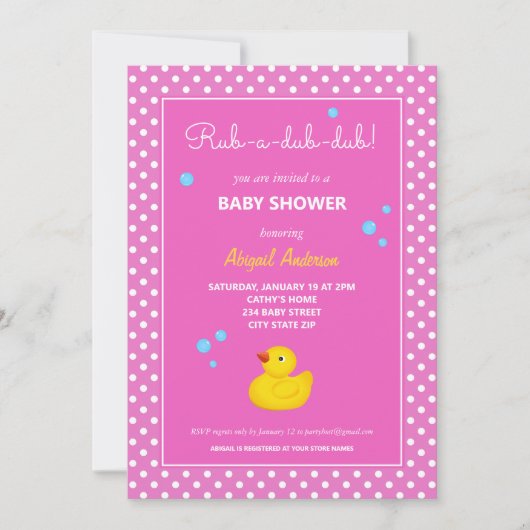 黄色とピンクのアヒル水玉模様ベビーシャワー 招待状 (正面)