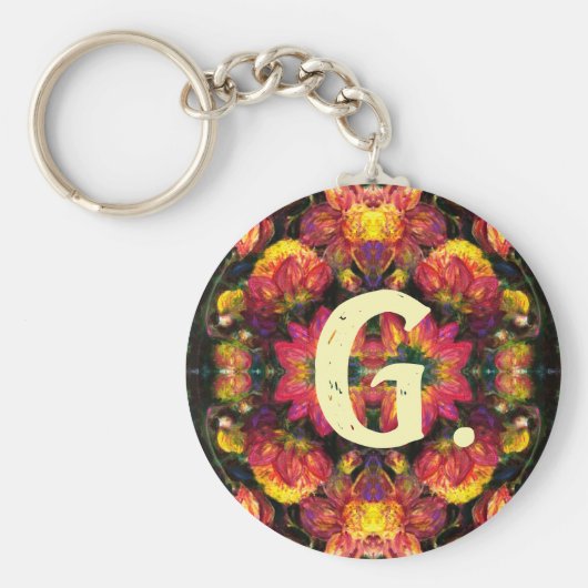 黄色とピンクのダリアスキーチェーンとモノグラム キーホルダー (正面)