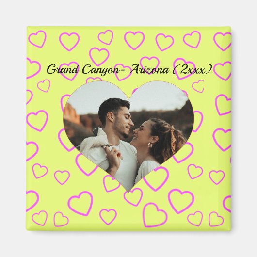 黄色とピンクのハート柄カスタム写真テキスト マグネット (正面)