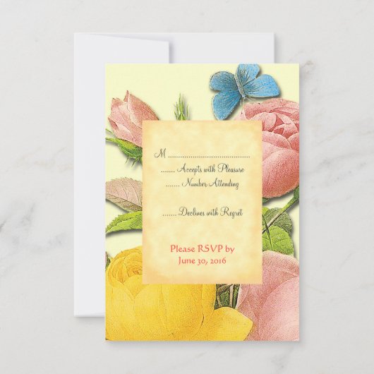 黄色とピンクのバラの植物性カスタムのRSVPカード 招待状 (裏面)
