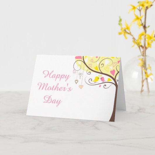黄色とピンクのフローラの鳥の母の日 カード (黄色い花)