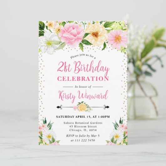黄色とピンクの夏の花写真21歳の誕生日 招待状 (スタンド正面)