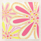 黄色とピンクの春の花 ガラスコースター (正面)