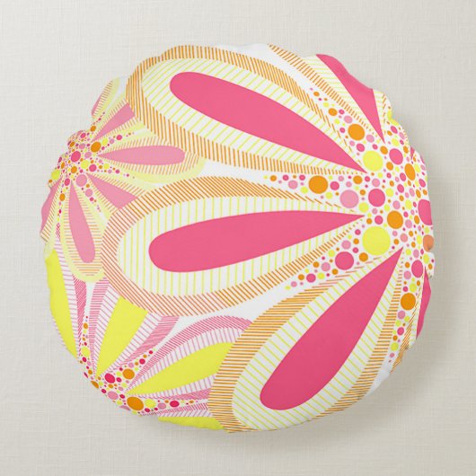 黄色とピンクの春の花 ラウンドクッション (正面)