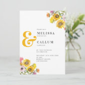 黄色とピンクの水色のフローラアンパサンド結婚ーズ 招待状 (スタンド正面)