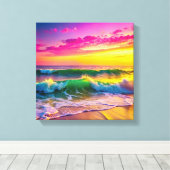 黄色とピンクの海波を持つビーチ 鮮やか キャンバスプリント (インサイチュ (ウッドフロア))