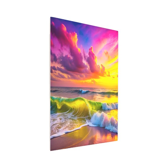 黄色とピンクの海波を持つビーチ 鮮やか メタルプリント (3/4)