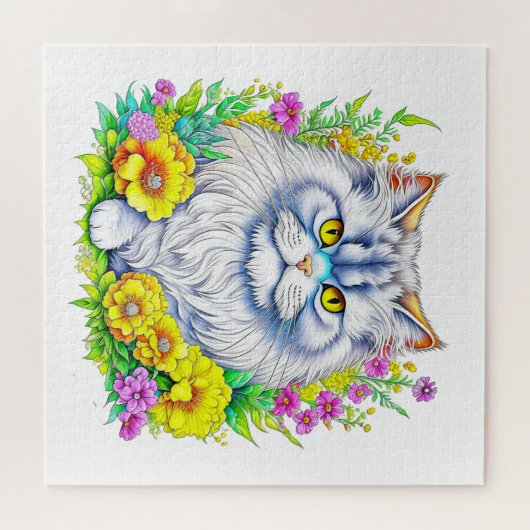 黄色とピンクの花が咲くペルシャ猫 ジグソーパズル (横)
