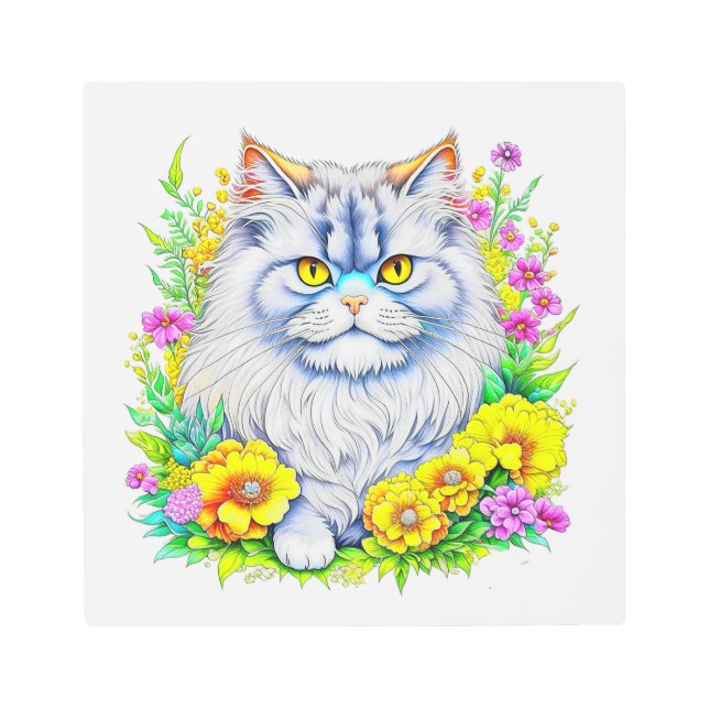 黄色とピンクの花が咲くペルシャ猫 メタルプリント (正面)