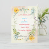 黄色とピンクの花のSave the Dateカード セーブザデート (スタンド正面)