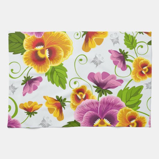 黄色とピンクの花柄 キッチンタオル (横)