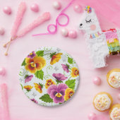 黄色とピンクの花柄 ペーパープレート (パーティー)