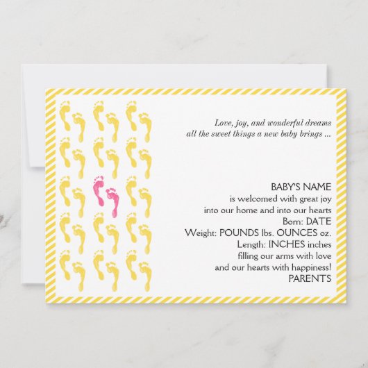 黄色とピンクの足跡ベビー発表 案内状 (正面)