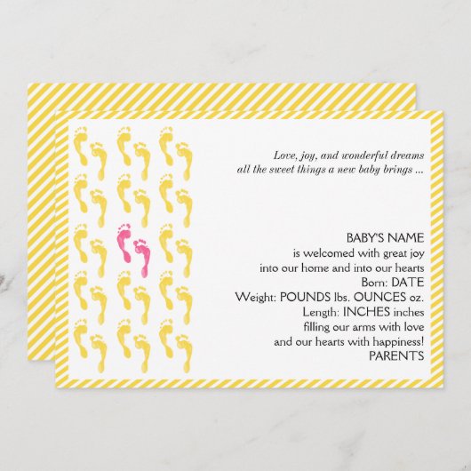黄色とピンクの足跡ベビー発表 案内状 (正面/裏面)