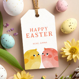 黄色とピンクの2羽の鶏を持つハッピーイースター ギフトタグ