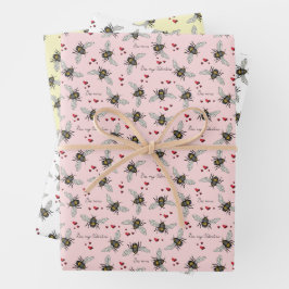 黄色とピンクビーマイバレンタインデービーおもしろい ラッピングペーパーシート