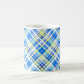 黄色とライトブルーの市松模様にプリントパターン コーヒーマグカップ (中央)