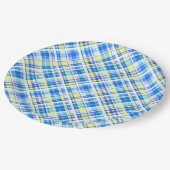 黄色とライトブルーの市松模様にプリントパターン ペーパープレート (アングル)